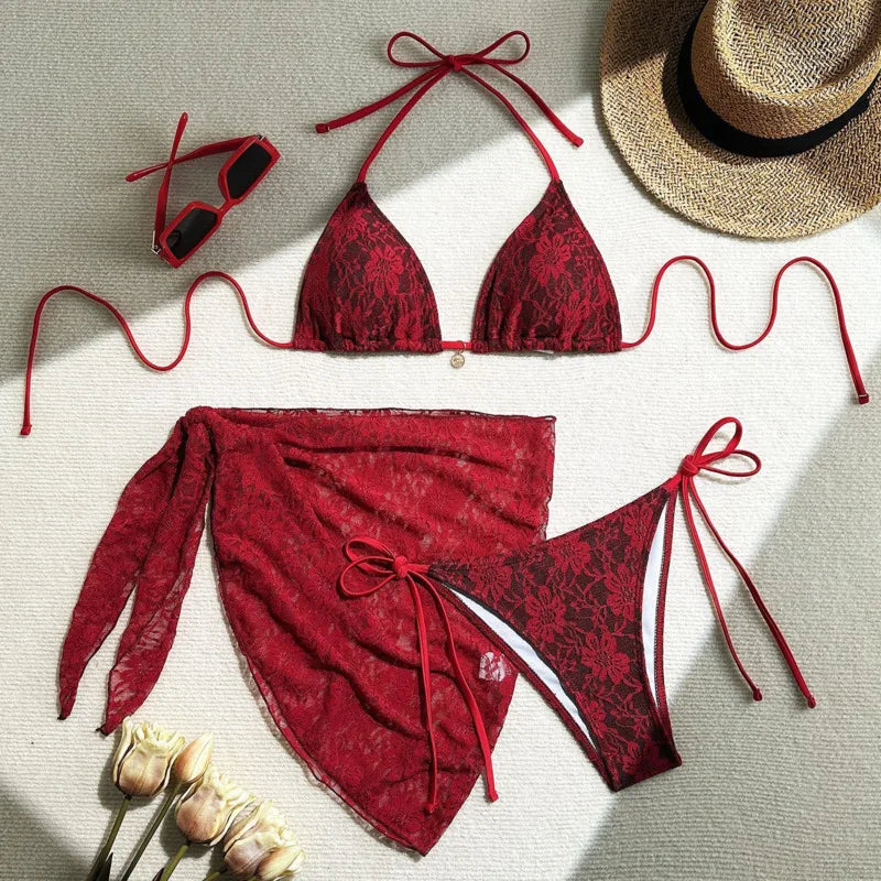 Lace Three-Piece Bikini Set – Women Swimwear