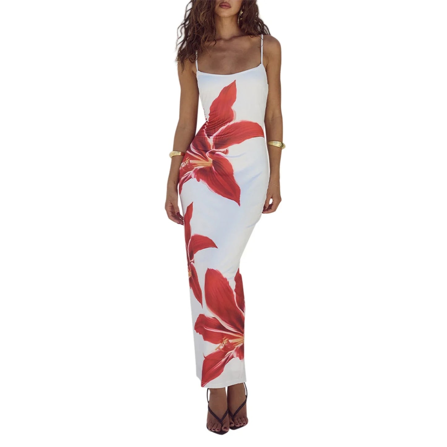 Floral Print Satin Strapless Maxi Dress