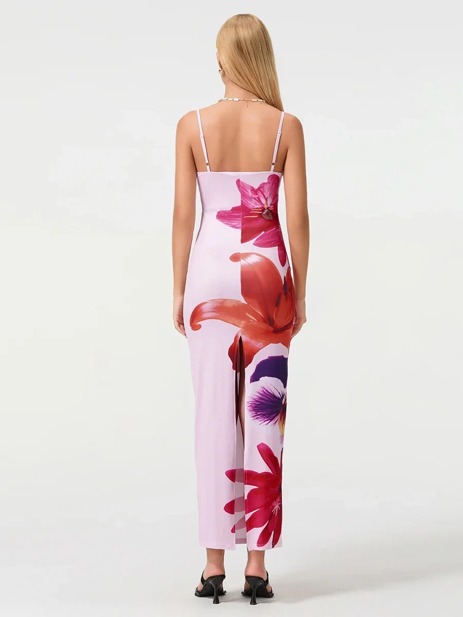 Floral Print Satin Strapless Maxi Dress