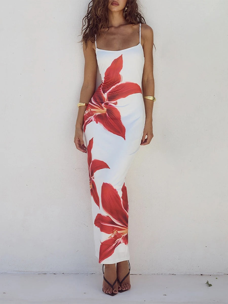 Floral Print Satin Strapless Maxi Dress