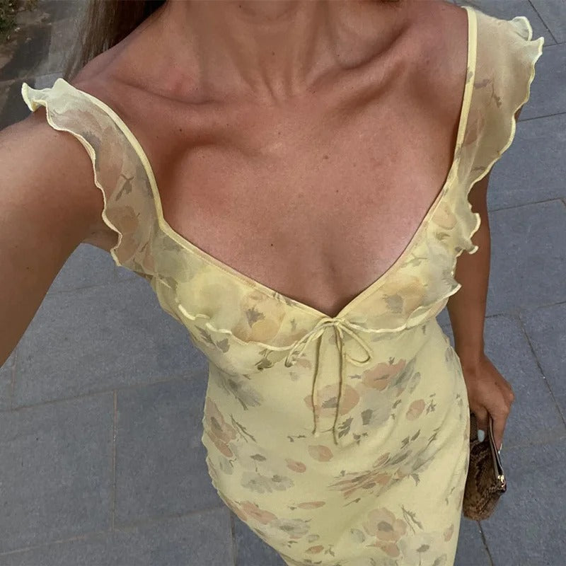 Robe Maxi Fleurie Décolleté Plongeant – Esprit Estival et Charme Féminin