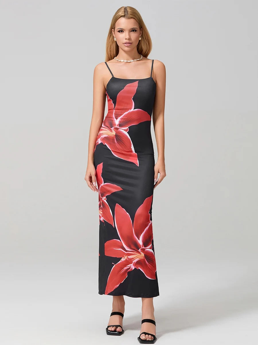 Floral Print Satin Strapless Maxi Dress
