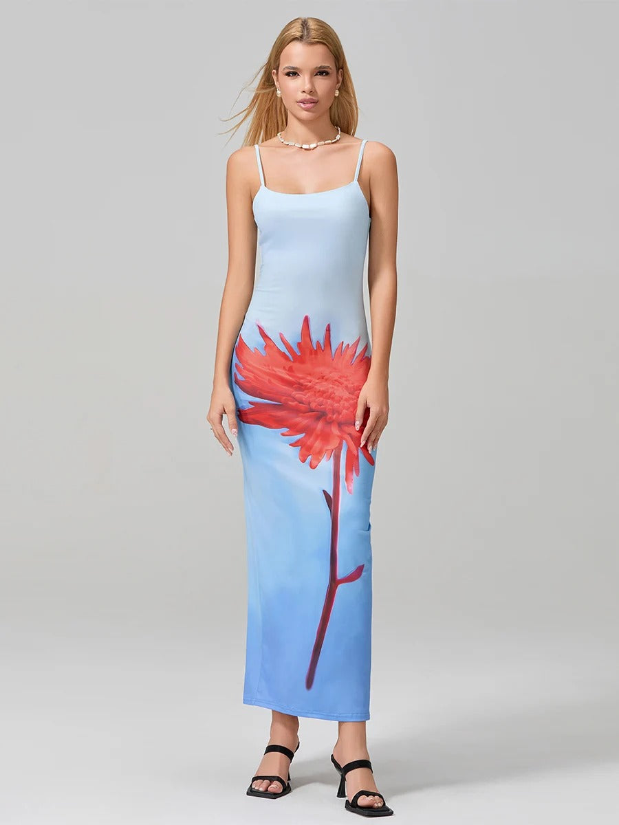 Floral Print Satin Strapless Maxi Dress