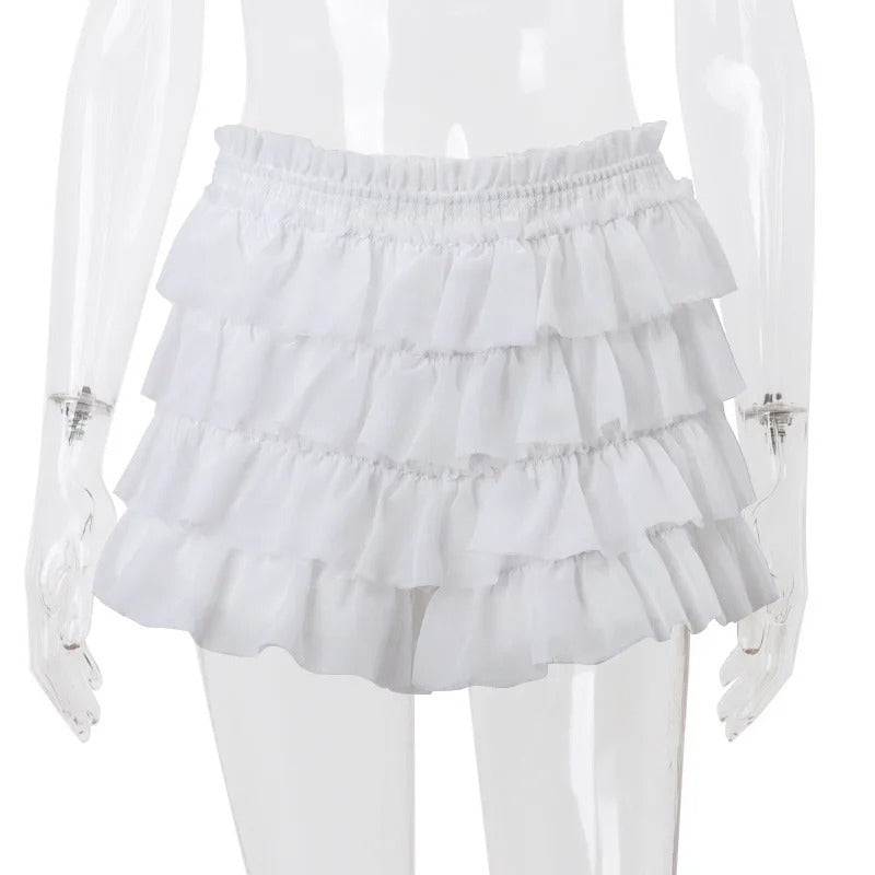 Ensemble élégant 2 pièces : haut à nouer sur le devant et mini jupe à volants superposés, pour un look chic et tendance.
