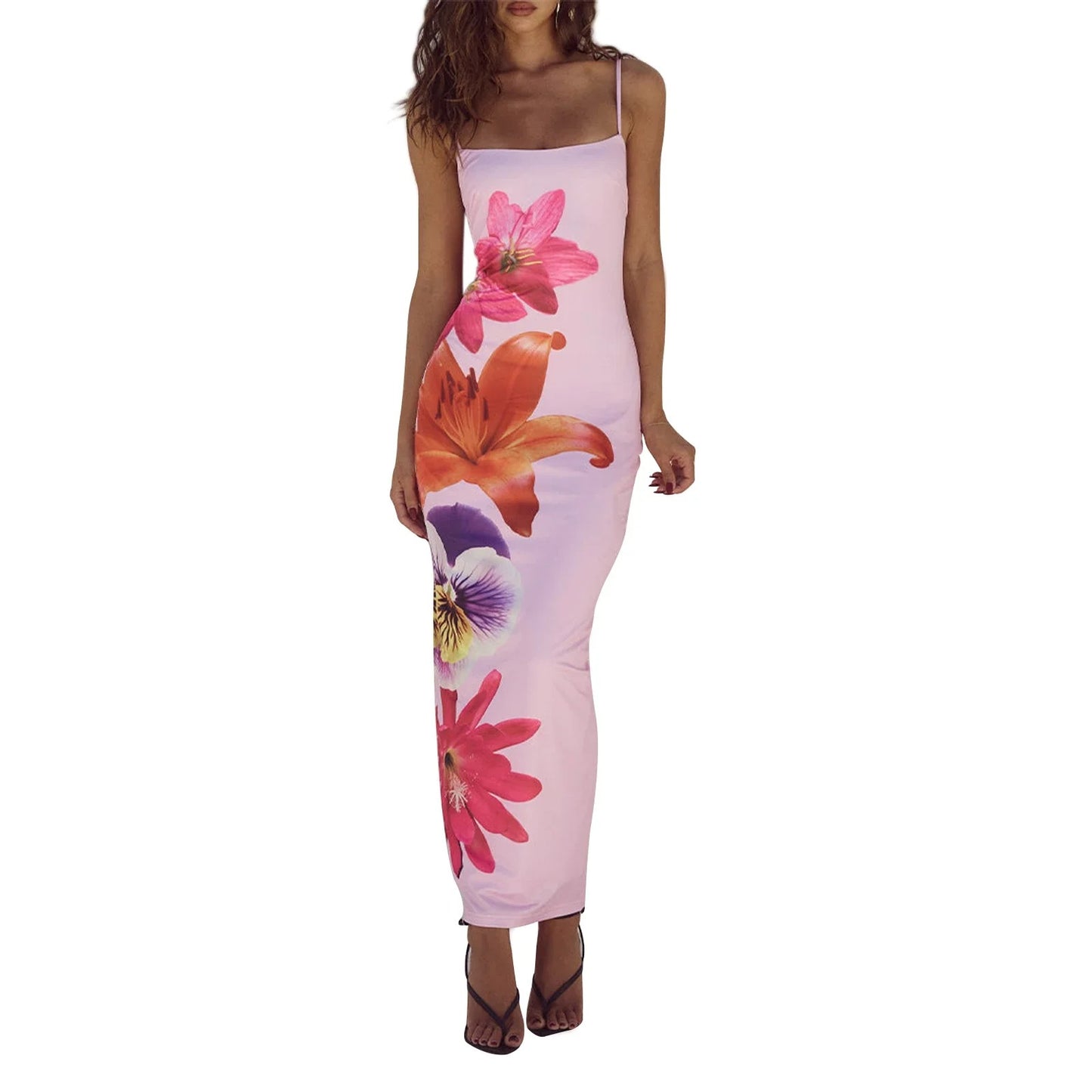 Floral Print Satin Strapless Maxi Dress