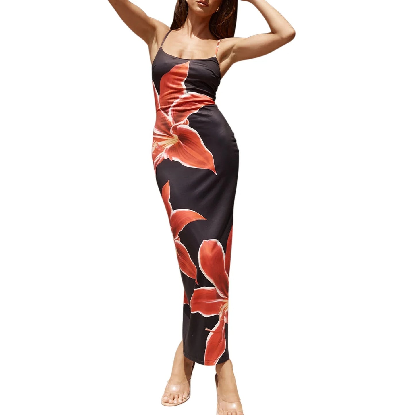 Floral Print Satin Strapless Maxi Dress