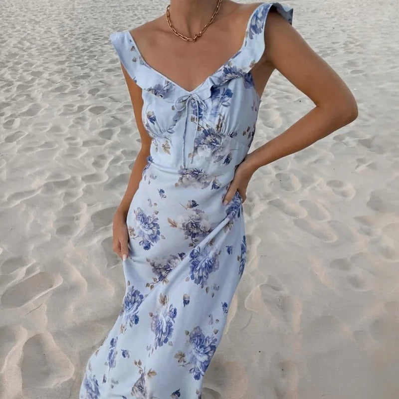 Robe Maxi Fleurie Décolleté Plongeant – Esprit Estival et Charme Féminin