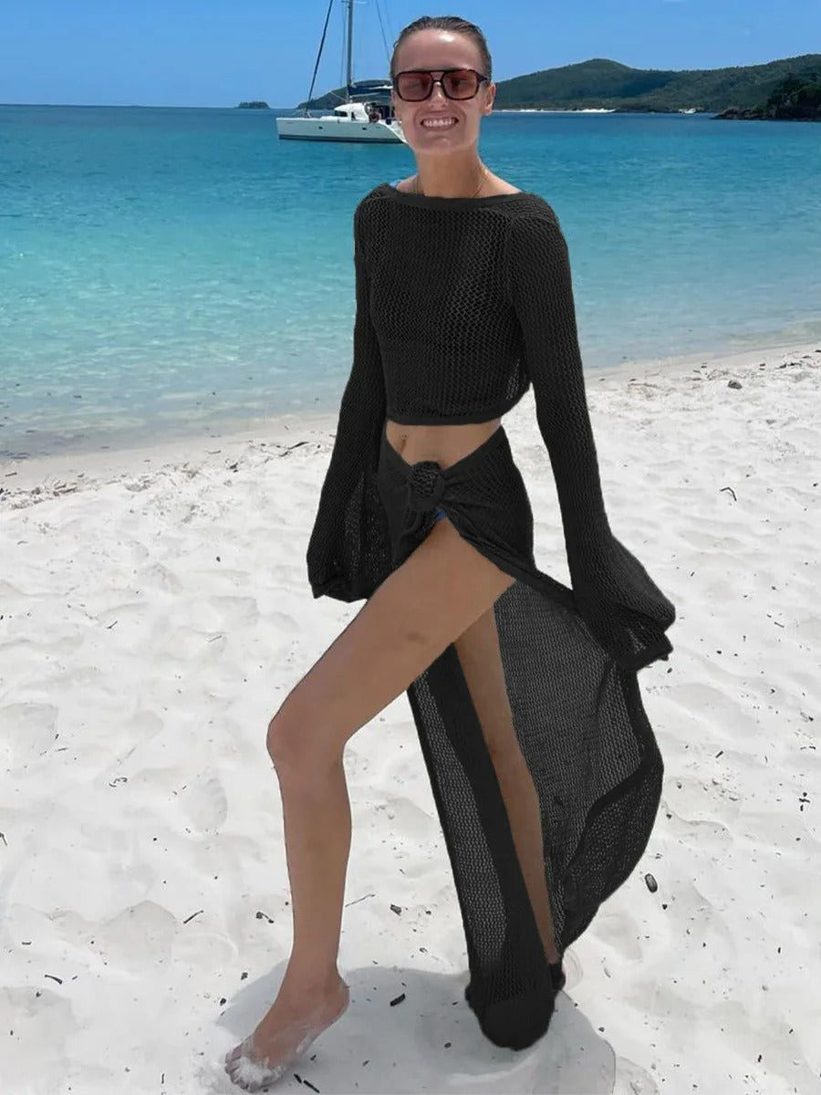 Ensemble élégant d’été pour femme : haut ajouré et jupe assortie façon portefeuille avec fente, parfait pour les vacances et la plage.