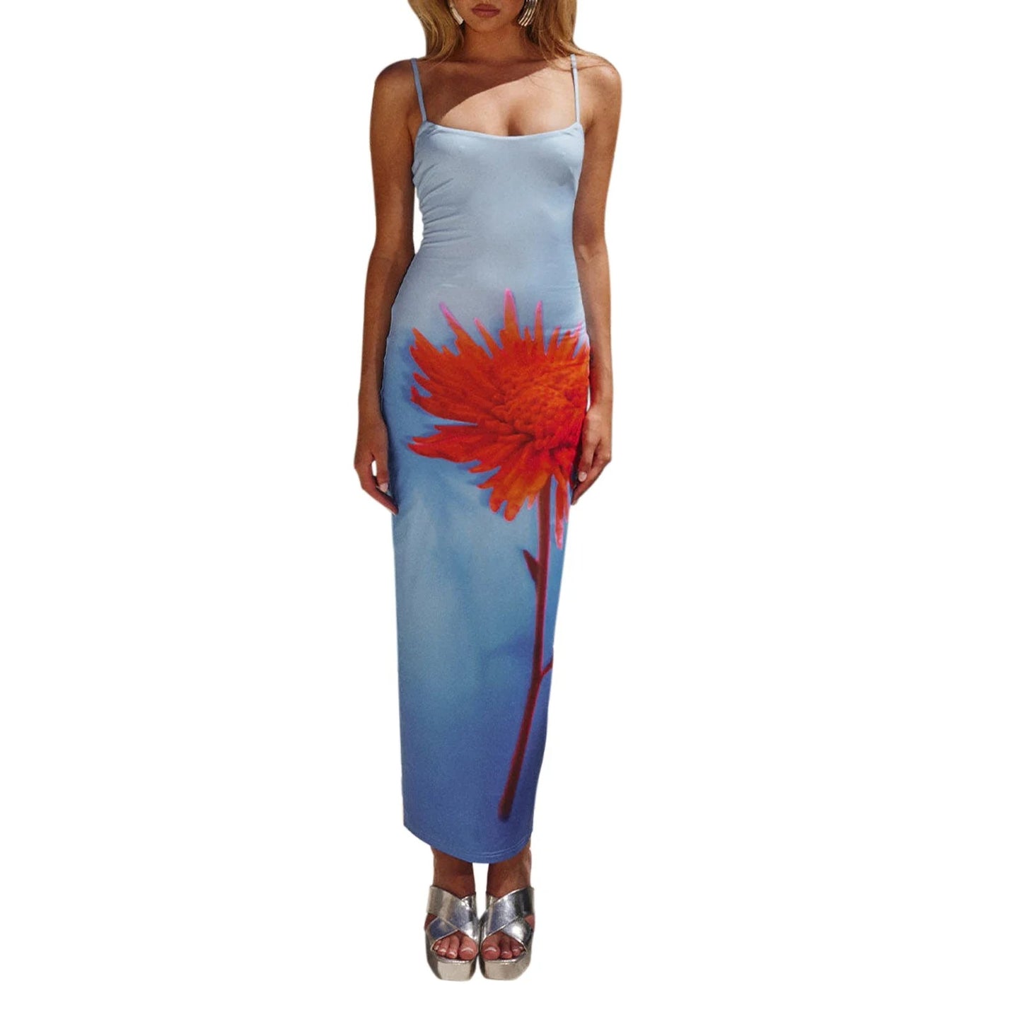 Floral Print Satin Strapless Maxi Dress